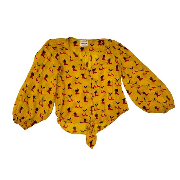 Anthropologie Button Down Front Tie Blouse Yellow Women’s 2 Festival Boho Fruit - Picture 6 of 16